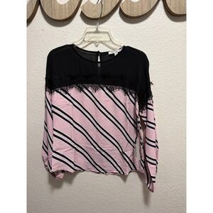 Haute Monde Black Pink Stripe Lace Trim Long Sleeve Blouse Top Womens Size S